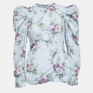 Ganni Blue Floral Print Puff Sleeve Top S